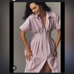 Anthropologie Pink & White Striped Midi Shirt Dress